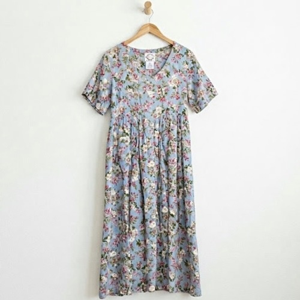 Vintage 90s Cottagecore Blue Floral Midi Dress Fairy Grunge Medium Button Front